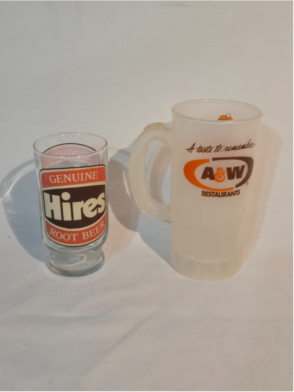 Vintage Root Beer Lot A&W Great Root Bear Plastic Mug 22oz & Genuine Hires Glass